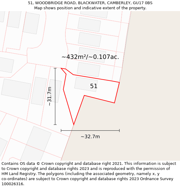 51, WOODBRIDGE ROAD, BLACKWATER, CAMBERLEY, GU17 0BS: Plot and title map