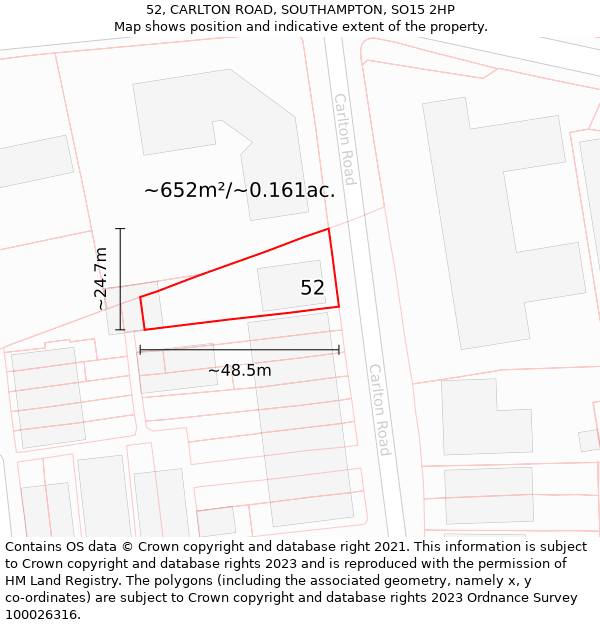 52, CARLTON ROAD, SOUTHAMPTON, SO15 2HP: Plot and title map