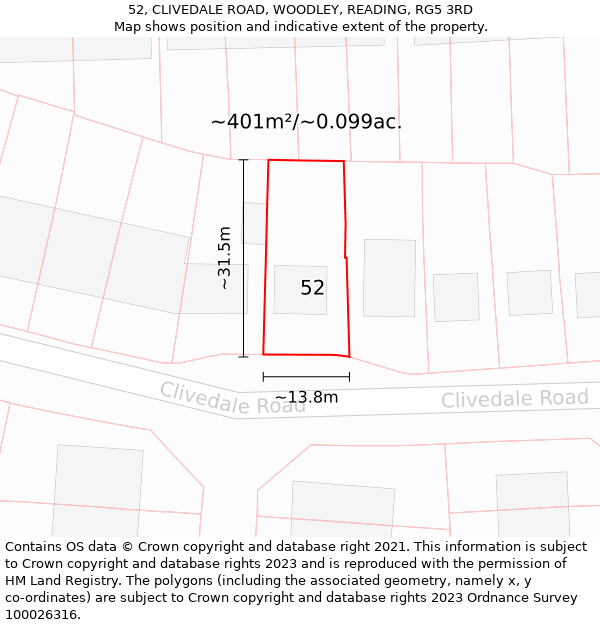 52, CLIVEDALE ROAD, WOODLEY, READING, RG5 3RD: Plot and title map