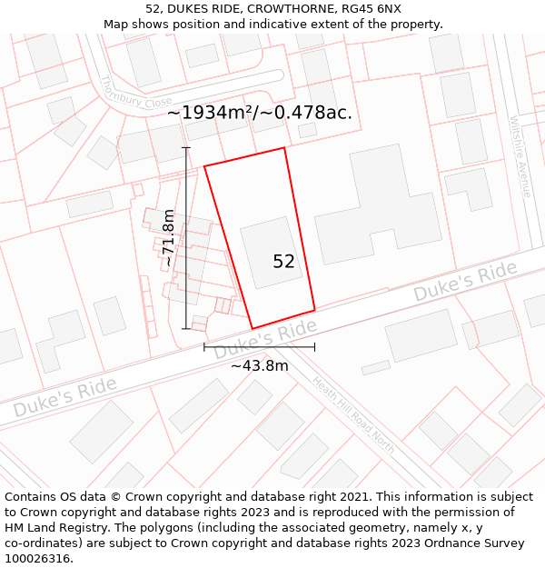 52, DUKES RIDE, CROWTHORNE, RG45 6NX: Plot and title map