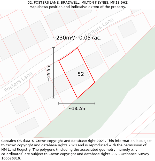 52, FOSTERS LANE, BRADWELL, MILTON KEYNES, MK13 9HZ: Plot and title map