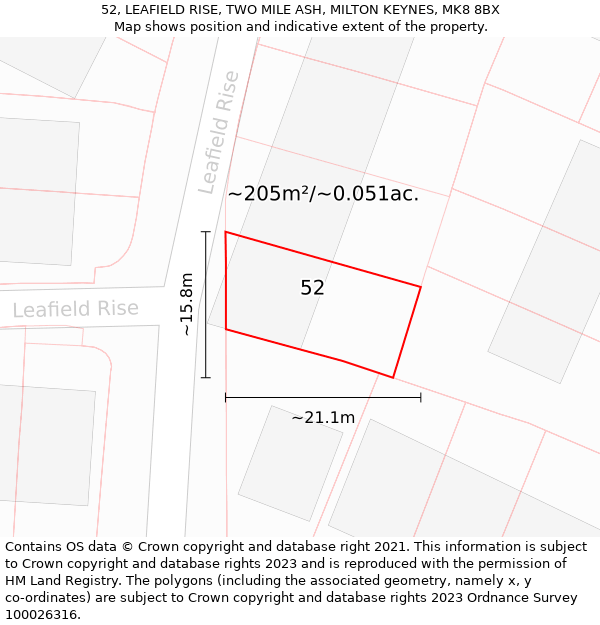 52, LEAFIELD RISE, TWO MILE ASH, MILTON KEYNES, MK8 8BX: Plot and title map