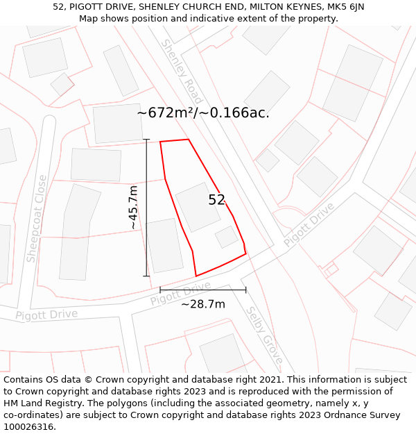 52, PIGOTT DRIVE, SHENLEY CHURCH END, MILTON KEYNES, MK5 6JN: Plot and title map