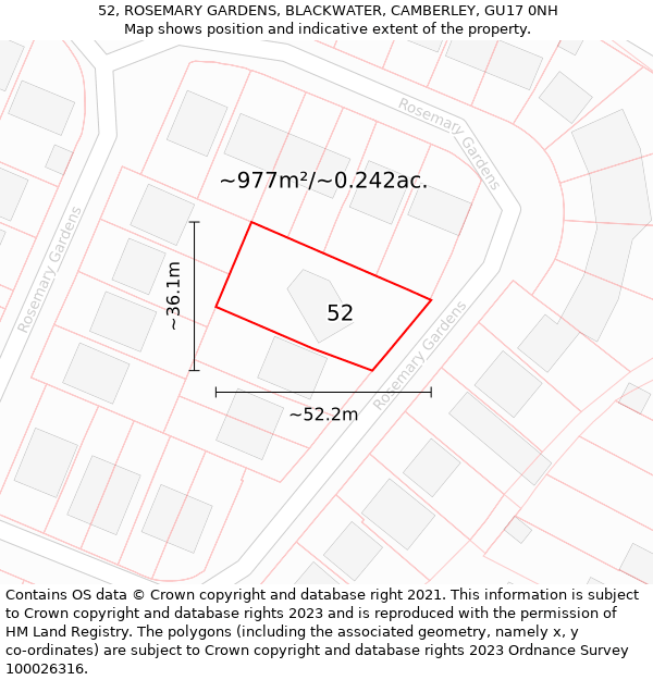 52, ROSEMARY GARDENS, BLACKWATER, CAMBERLEY, GU17 0NH: Plot and title map