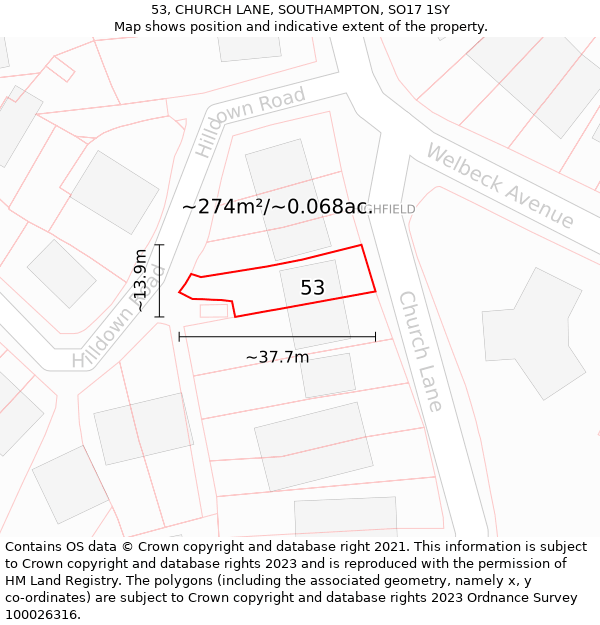 53, CHURCH LANE, SOUTHAMPTON, SO17 1SY: Plot and title map