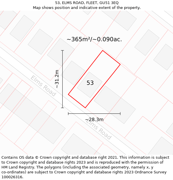 53, ELMS ROAD, FLEET, GU51 3EQ: Plot and title map