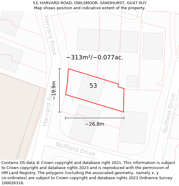 53, HARVARD ROAD, OWLSMOOR, SANDHURST, GU47 0UY: Plot and title map