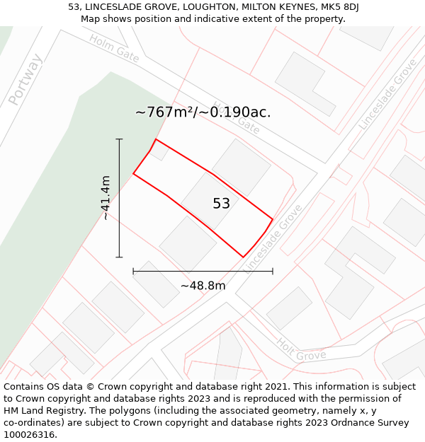 53, LINCESLADE GROVE, LOUGHTON, MILTON KEYNES, MK5 8DJ: Plot and title map