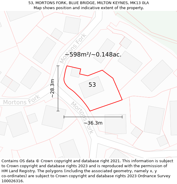 53, MORTONS FORK, BLUE BRIDGE, MILTON KEYNES, MK13 0LA: Plot and title map