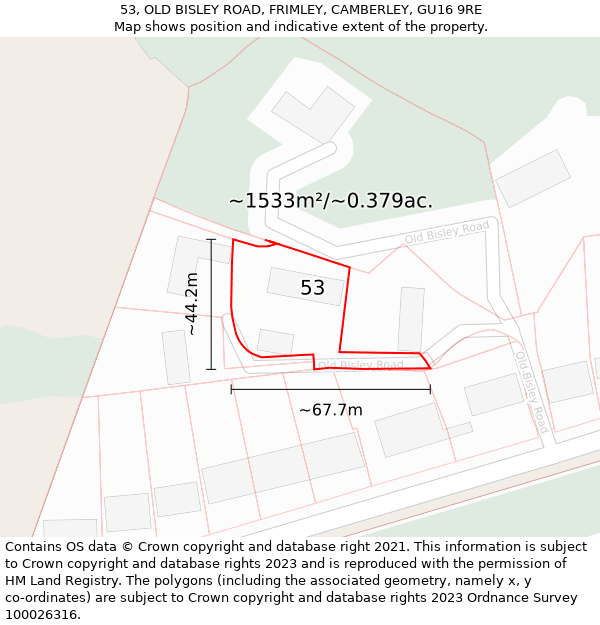 53, OLD BISLEY ROAD, FRIMLEY, CAMBERLEY, GU16 9RE: Plot and title map