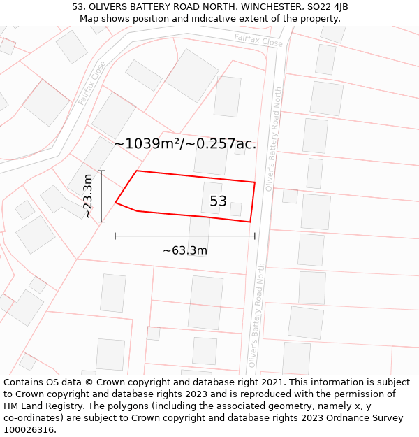 53, OLIVERS BATTERY ROAD NORTH, WINCHESTER, SO22 4JB: Plot and title map