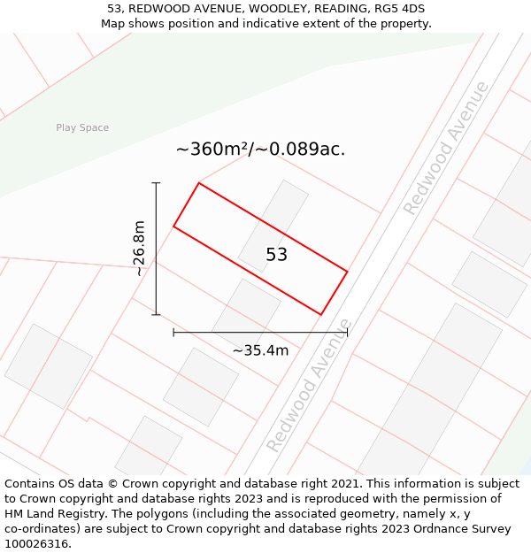 53, REDWOOD AVENUE, WOODLEY, READING, RG5 4DS: Plot and title map