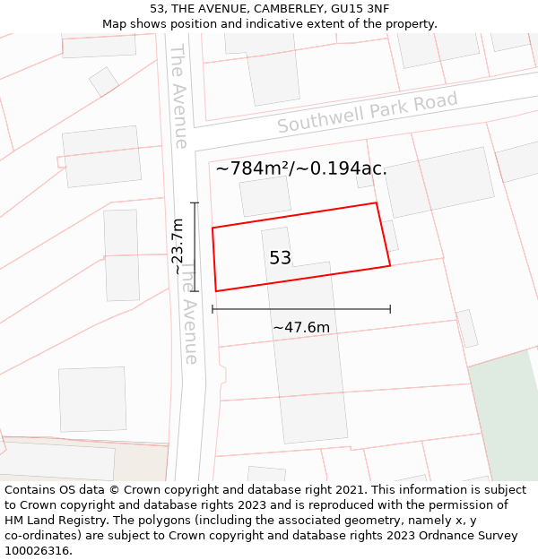 53, THE AVENUE, CAMBERLEY, GU15 3NF: Plot and title map