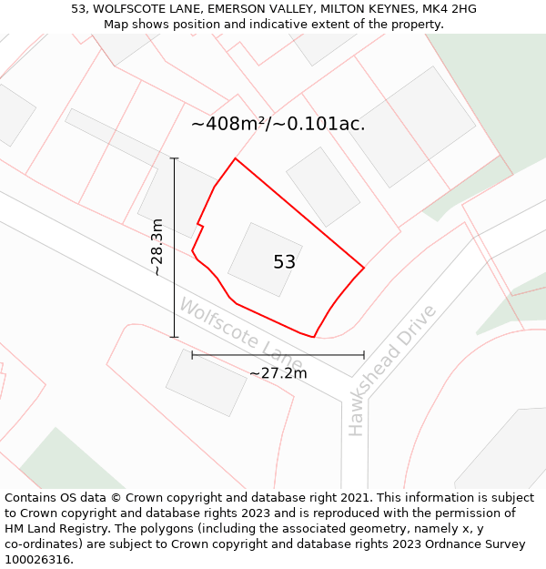 53, WOLFSCOTE LANE, EMERSON VALLEY, MILTON KEYNES, MK4 2HG: Plot and title map