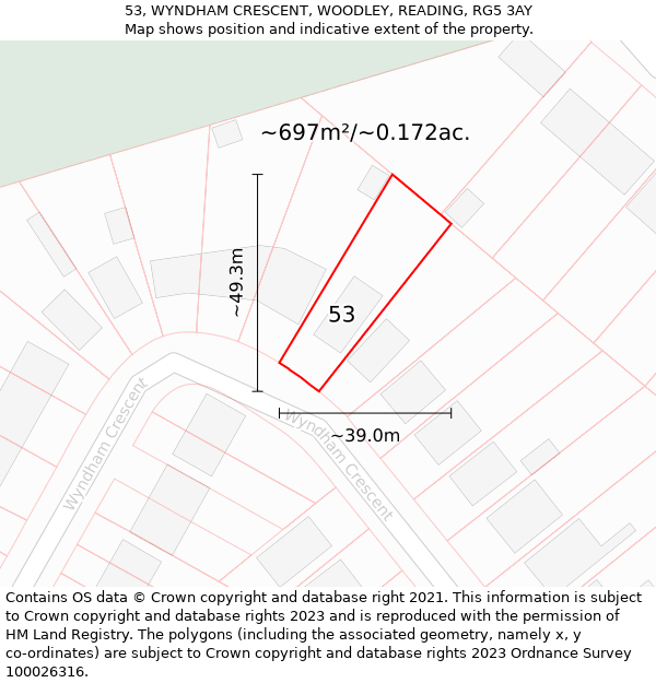 53, WYNDHAM CRESCENT, WOODLEY, READING, RG5 3AY: Plot and title map