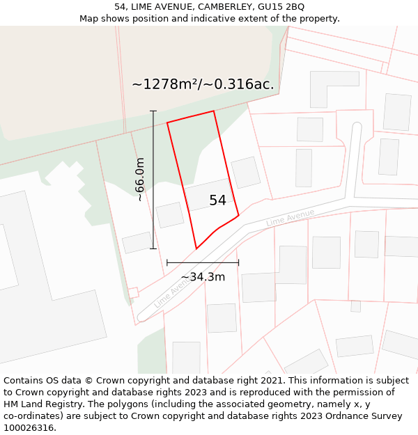 54, LIME AVENUE, CAMBERLEY, GU15 2BQ: Plot and title map