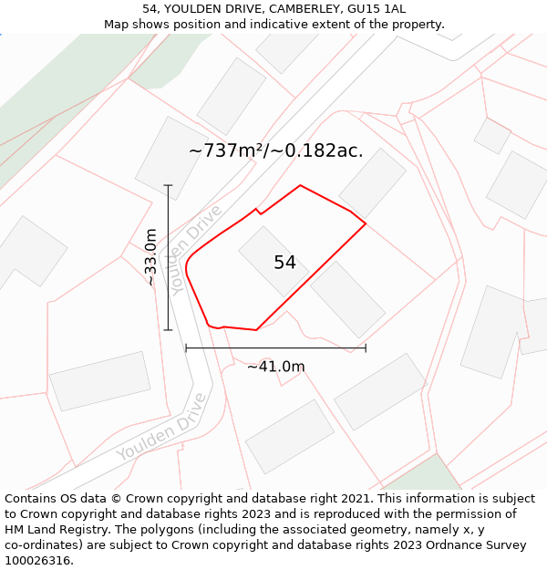 54, YOULDEN DRIVE, CAMBERLEY, GU15 1AL: Plot and title map