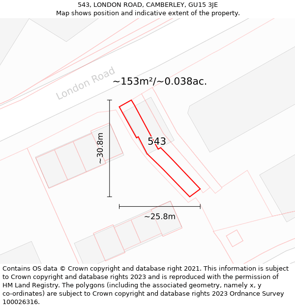 543, LONDON ROAD, CAMBERLEY, GU15 3JE: Plot and title map