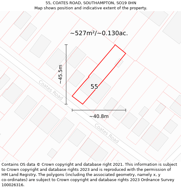 55, COATES ROAD, SOUTHAMPTON, SO19 0HN: Plot and title map