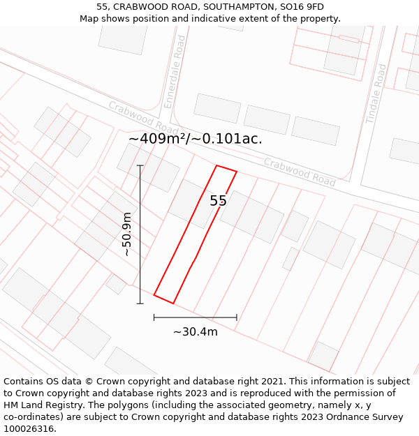 55, CRABWOOD ROAD, SOUTHAMPTON, SO16 9FD: Plot and title map