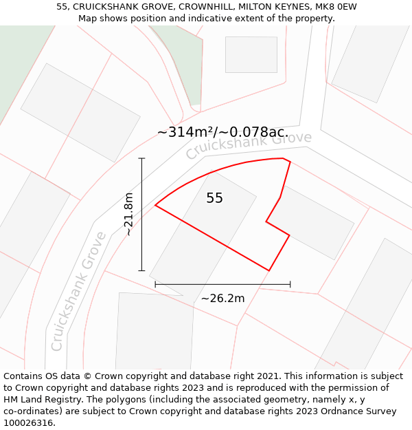 55, CRUICKSHANK GROVE, CROWNHILL, MILTON KEYNES, MK8 0EW: Plot and title map