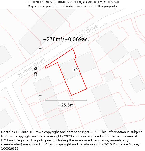 55, HENLEY DRIVE, FRIMLEY GREEN, CAMBERLEY, GU16 6NF: Plot and title map