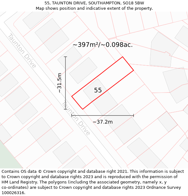 55, TAUNTON DRIVE, SOUTHAMPTON, SO18 5BW: Plot and title map