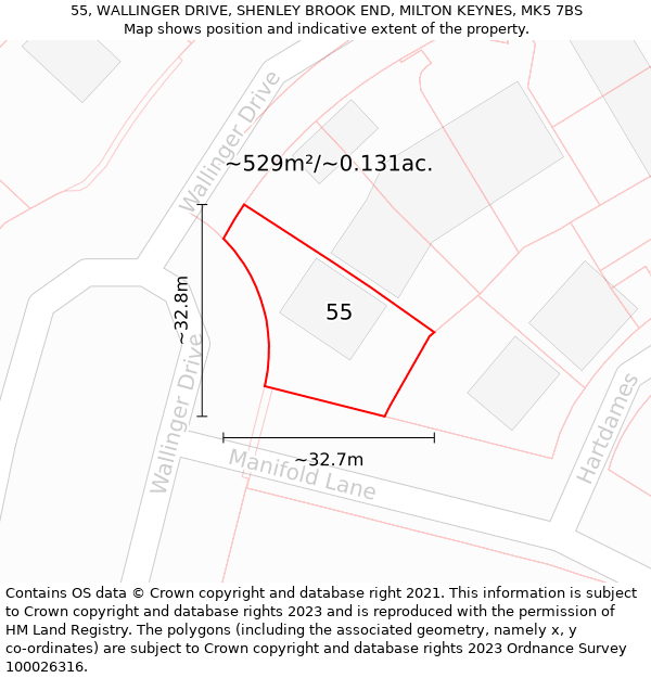 55, WALLINGER DRIVE, SHENLEY BROOK END, MILTON KEYNES, MK5 7BS: Plot and title map