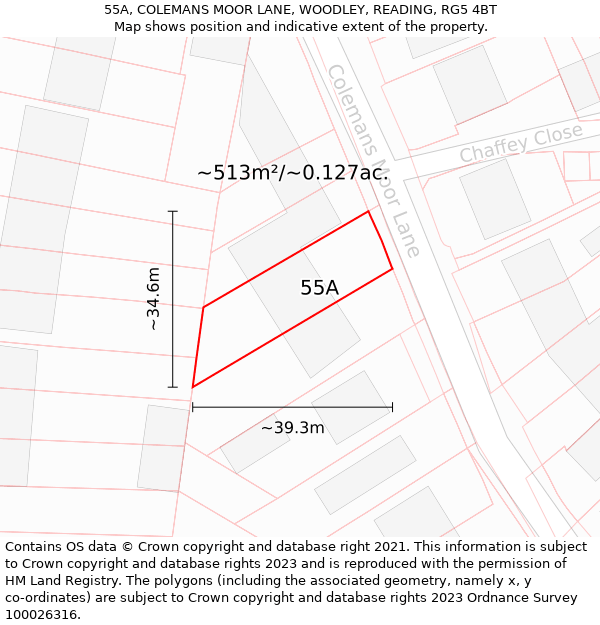 55A, COLEMANS MOOR LANE, WOODLEY, READING, RG5 4BT: Plot and title map