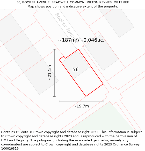 56, BOOKER AVENUE, BRADWELL COMMON, MILTON KEYNES, MK13 8EF: Plot and title map