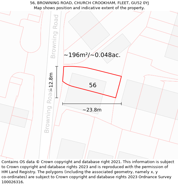 56, BROWNING ROAD, CHURCH CROOKHAM, FLEET, GU52 0YJ: Plot and title map