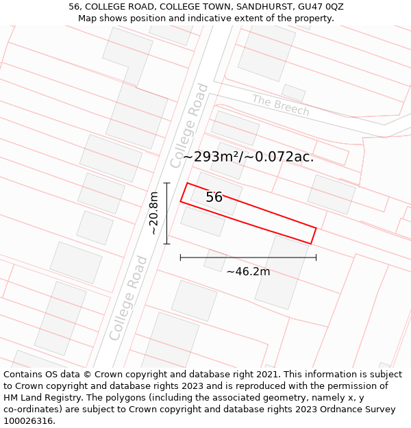 56, COLLEGE ROAD, COLLEGE TOWN, SANDHURST, GU47 0QZ: Plot and title map