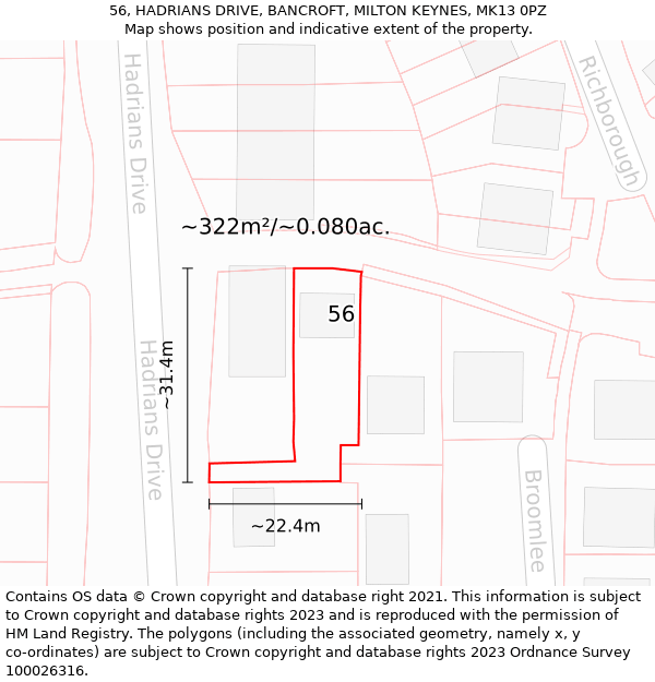 56, HADRIANS DRIVE, BANCROFT, MILTON KEYNES, MK13 0PZ: Plot and title map