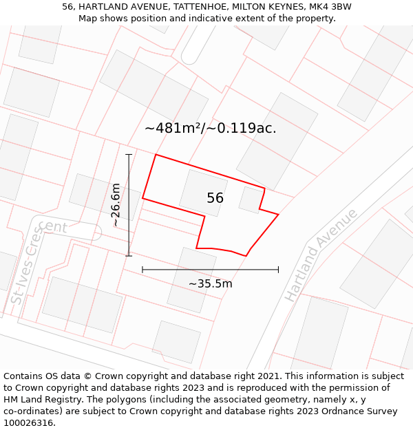 56, HARTLAND AVENUE, TATTENHOE, MILTON KEYNES, MK4 3BW: Plot and title map