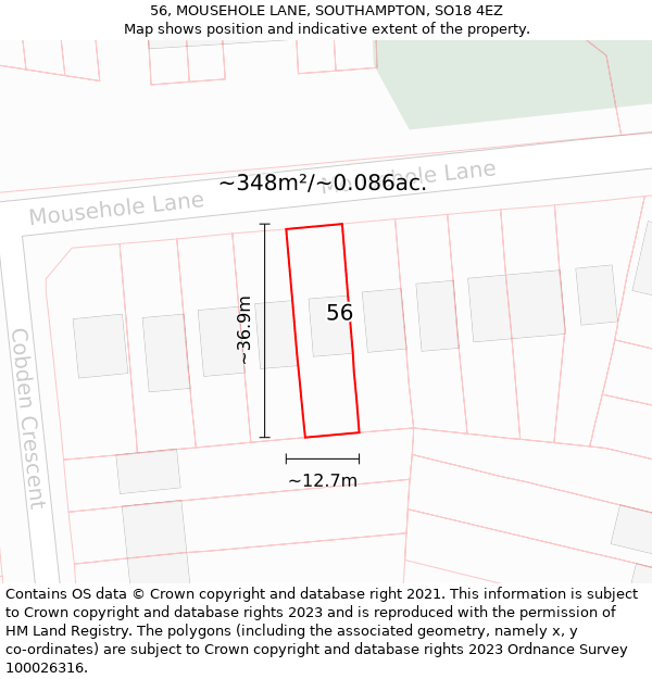 56, MOUSEHOLE LANE, SOUTHAMPTON, SO18 4EZ: Plot and title map