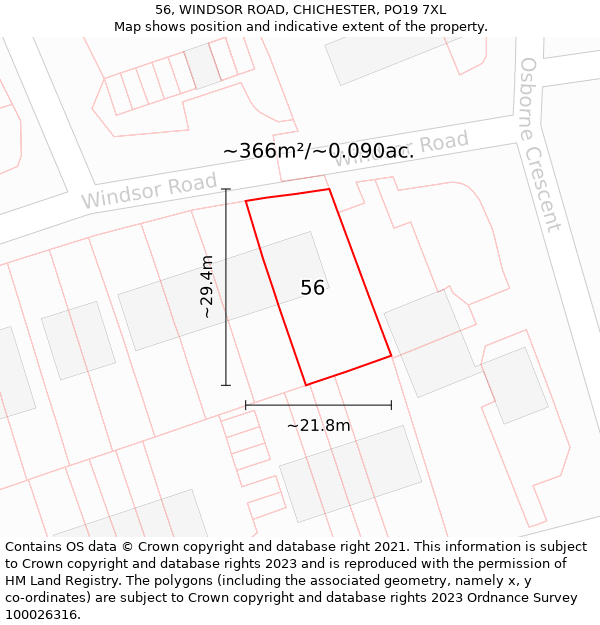 56, WINDSOR ROAD, CHICHESTER, PO19 7XL: Plot and title map