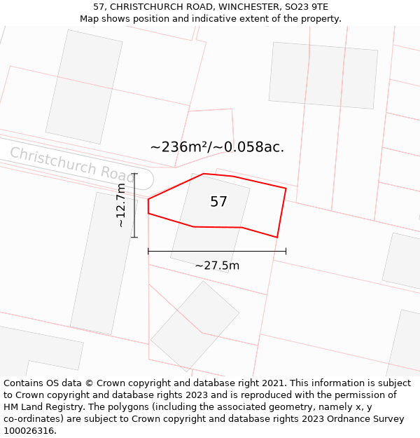 57, CHRISTCHURCH ROAD, WINCHESTER, SO23 9TE: Plot and title map