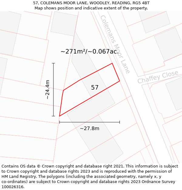 57, COLEMANS MOOR LANE, WOODLEY, READING, RG5 4BT: Plot and title map