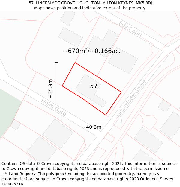 57, LINCESLADE GROVE, LOUGHTON, MILTON KEYNES, MK5 8DJ: Plot and title map