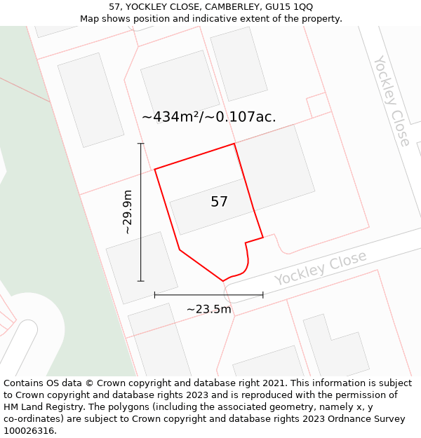 57, YOCKLEY CLOSE, CAMBERLEY, GU15 1QQ: Plot and title map