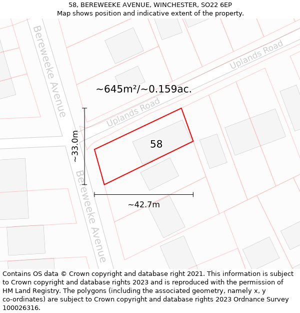 58, BEREWEEKE AVENUE, WINCHESTER, SO22 6EP: Plot and title map