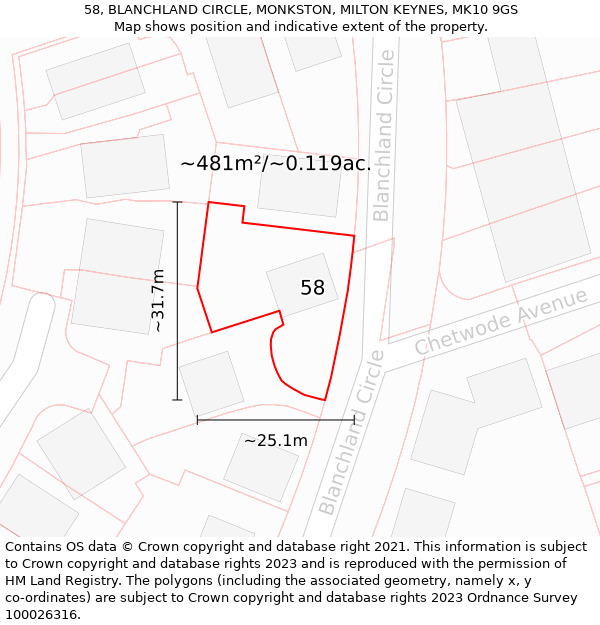 58, BLANCHLAND CIRCLE, MONKSTON, MILTON KEYNES, MK10 9GS: Plot and title map