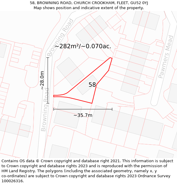 58, BROWNING ROAD, CHURCH CROOKHAM, FLEET, GU52 0YJ: Plot and title map