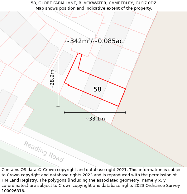 58, GLOBE FARM LANE, BLACKWATER, CAMBERLEY, GU17 0DZ: Plot and title map