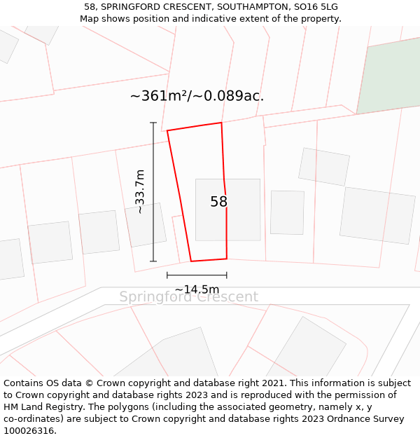 58, SPRINGFORD CRESCENT, SOUTHAMPTON, SO16 5LG: Plot and title map