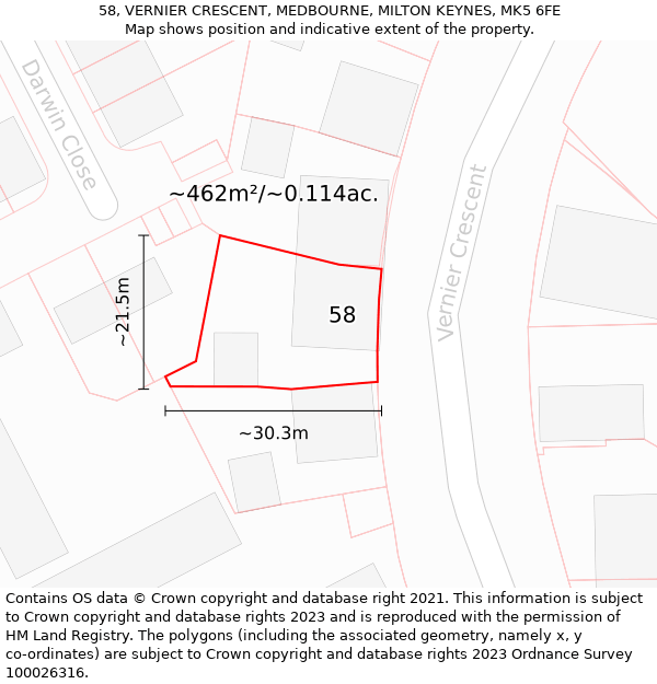 58, VERNIER CRESCENT, MEDBOURNE, MILTON KEYNES, MK5 6FE: Plot and title map