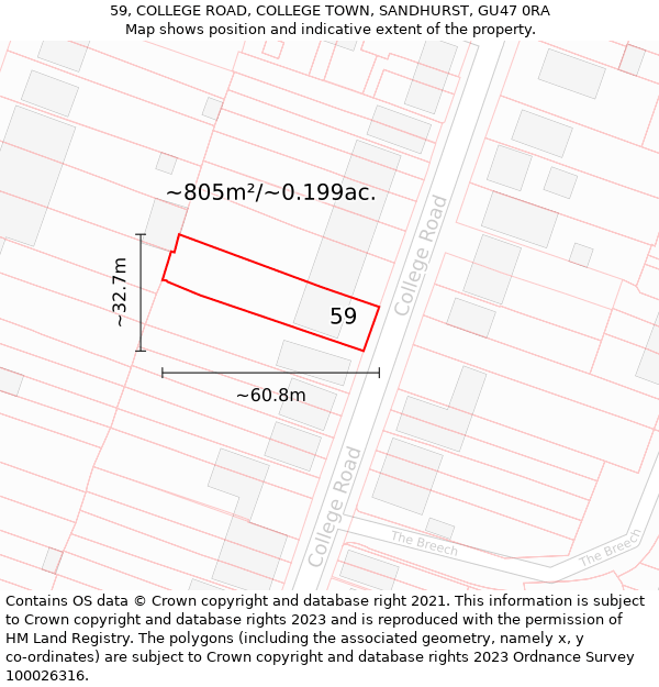 59, COLLEGE ROAD, COLLEGE TOWN, SANDHURST, GU47 0RA: Plot and title map