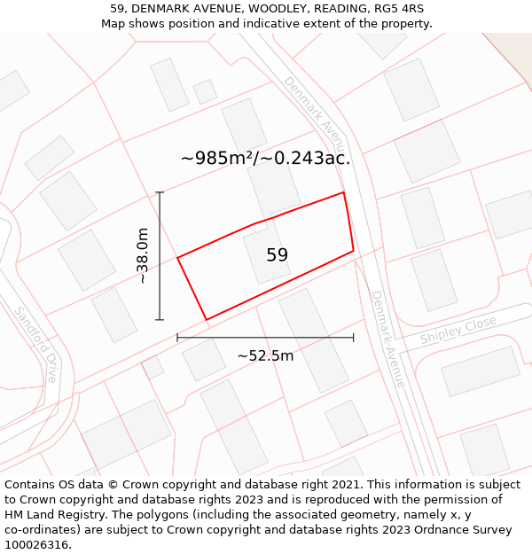 59, DENMARK AVENUE, WOODLEY, READING, RG5 4RS: Plot and title map