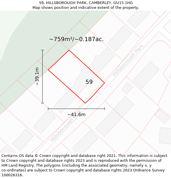 59, HILLSBOROUGH PARK, CAMBERLEY, GU15 1HG: Plot and title map