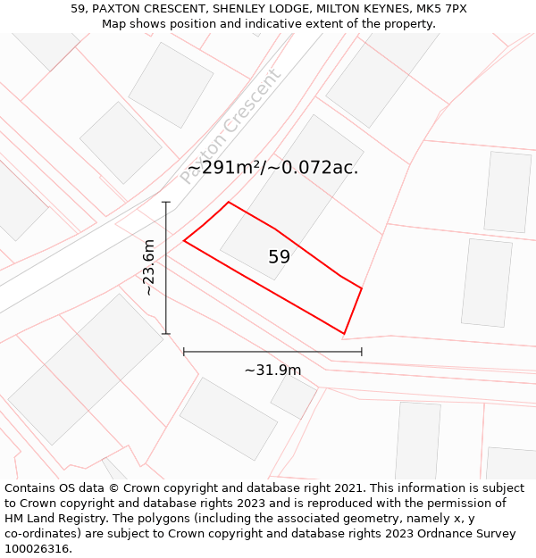 59, PAXTON CRESCENT, SHENLEY LODGE, MILTON KEYNES, MK5 7PX: Plot and title map